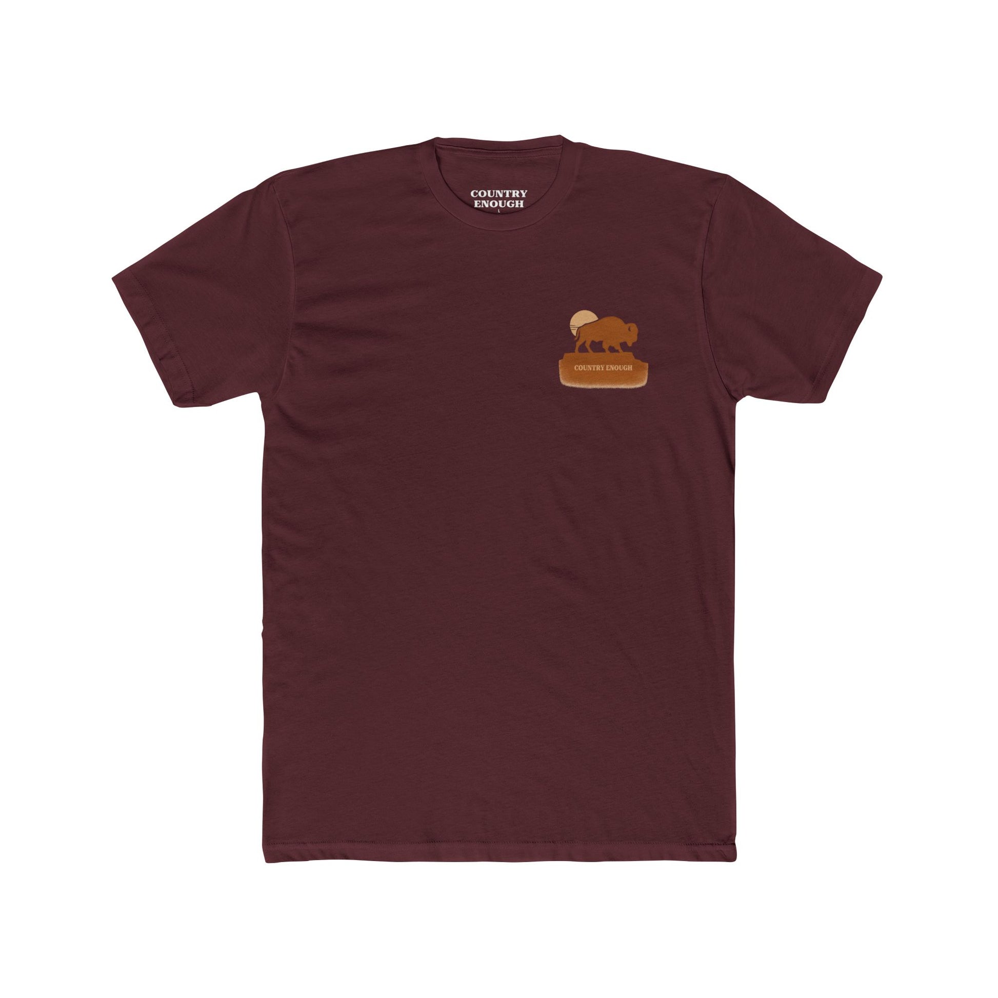 Maroon t-shirt with graphic of bison atop a plateau and the sun behind #maroon