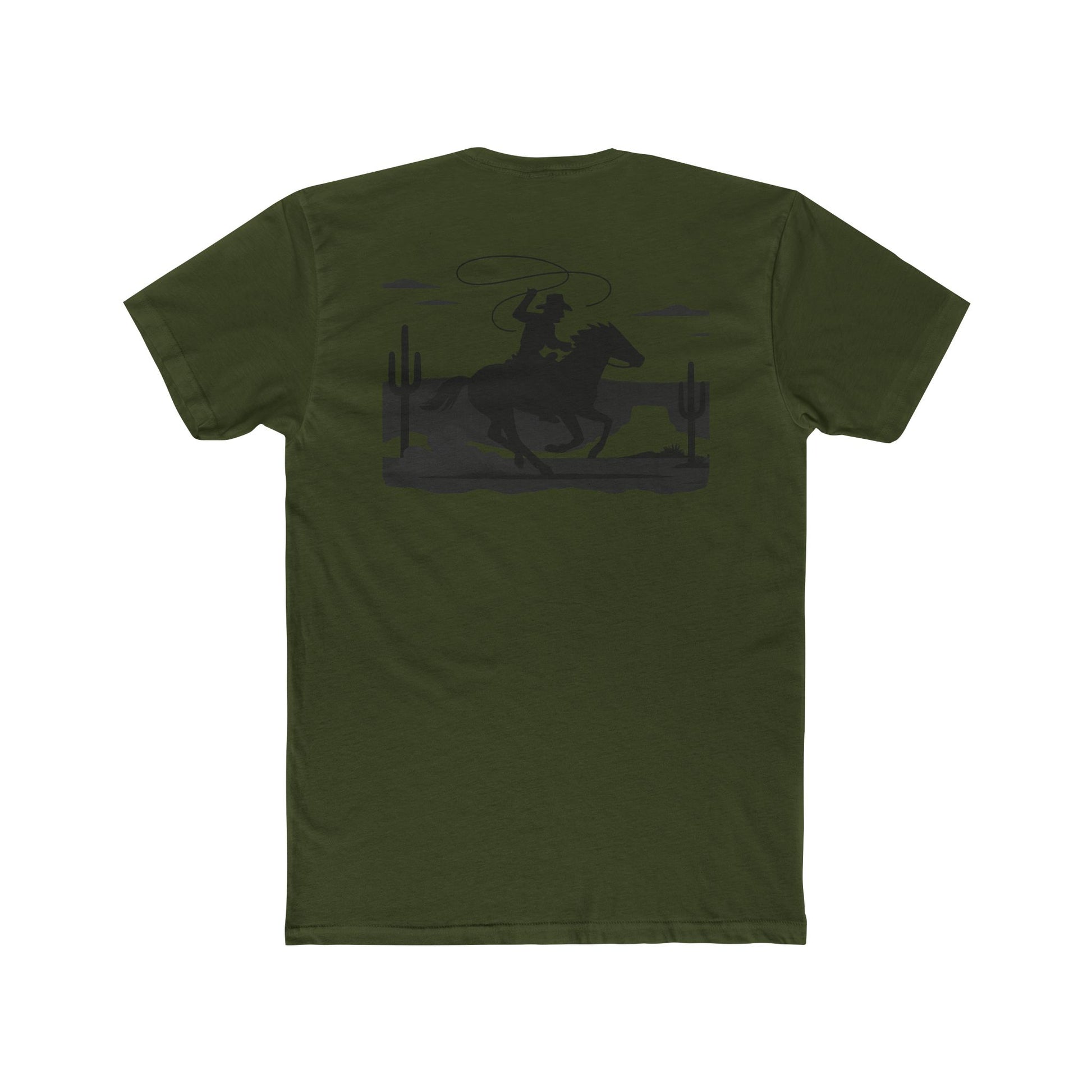 Military Green t-shirt with horse and rider swirling a lasso on desert landscape graphic #militarygreen
