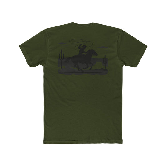 Military Green t-shirt with horse and rider swirling a lasso on desert landscape graphic #militarygreen