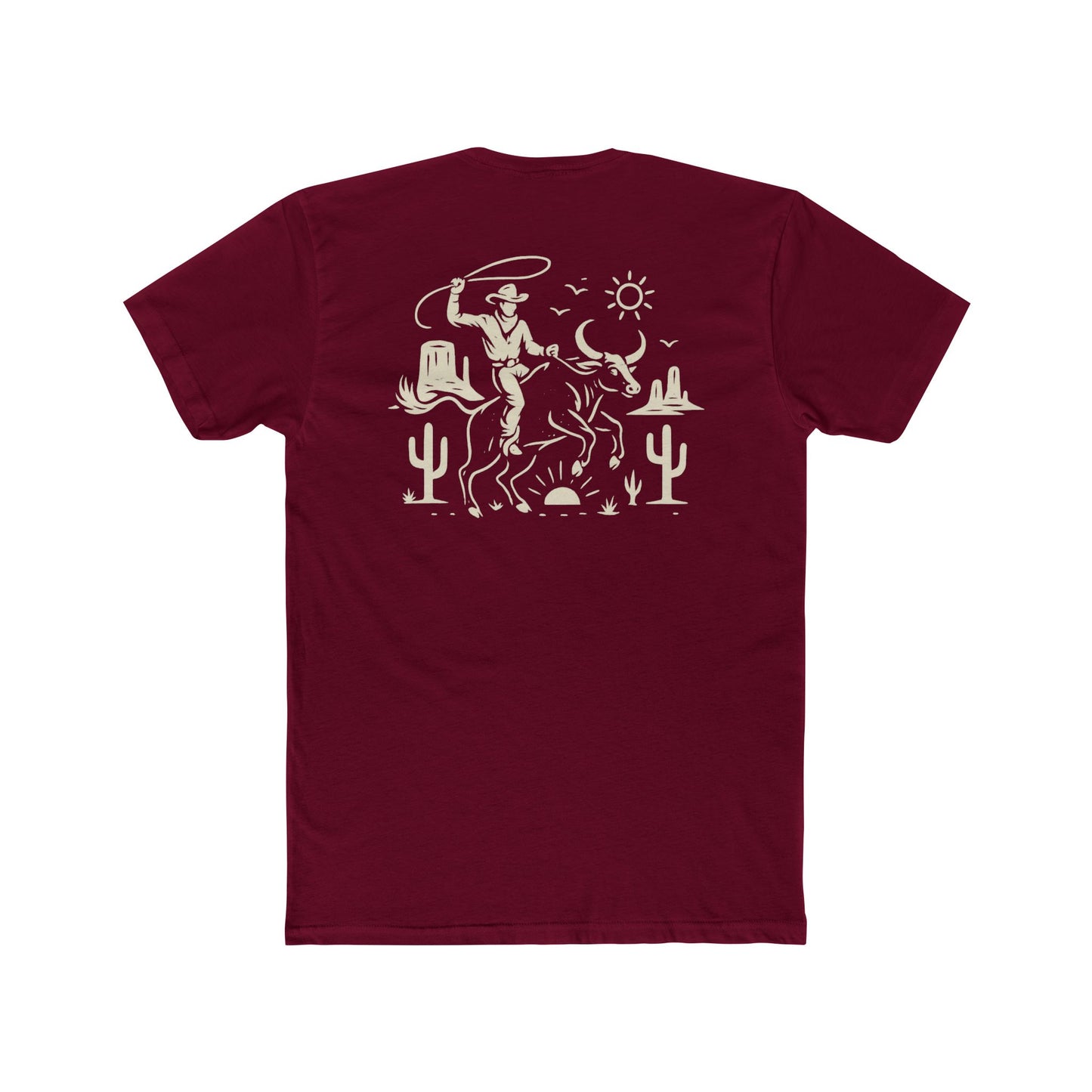 Cardinal Red t-shirt with graphic of a cowboy lassoing on top of a bull in a desert landscape #cardinalred