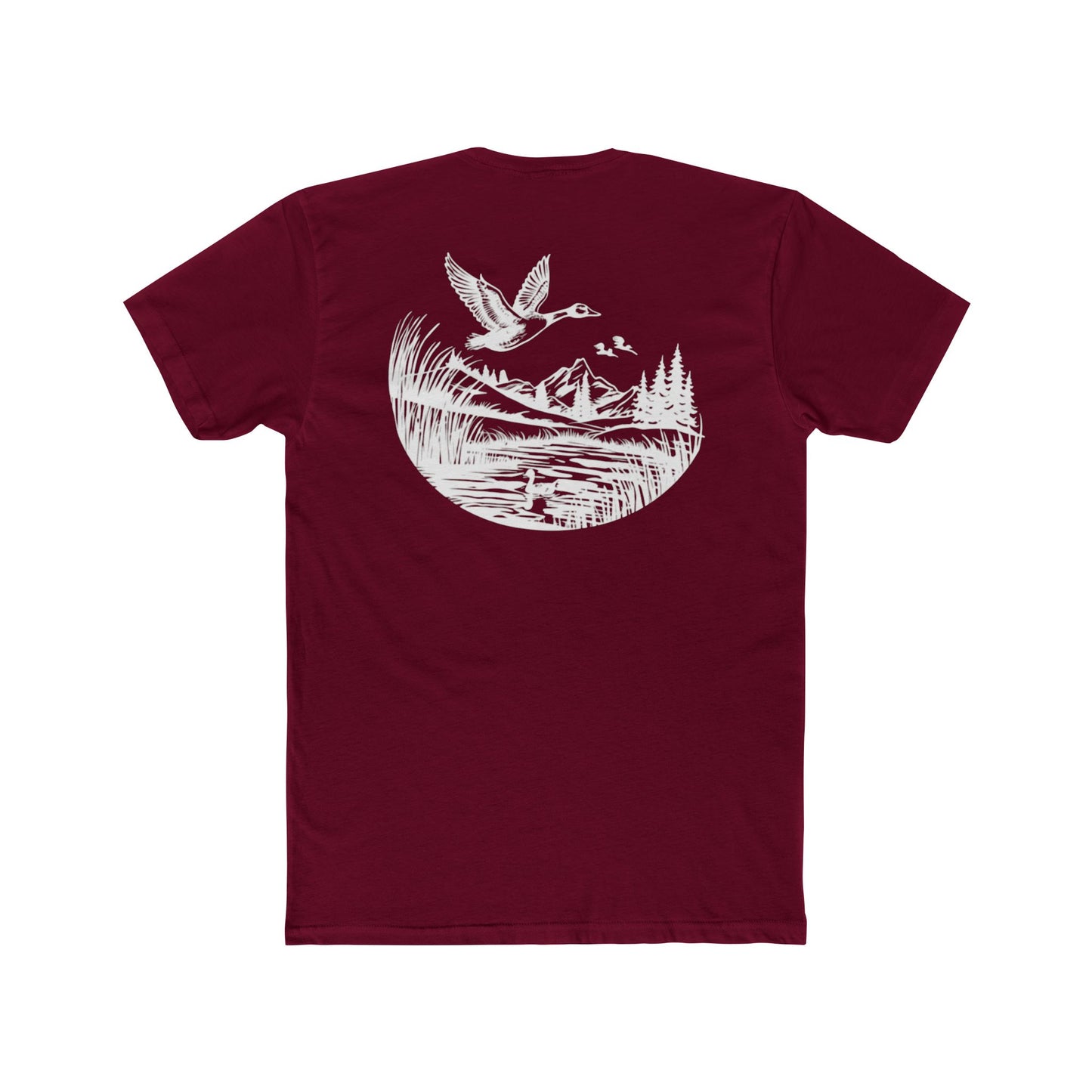 Cardinal Red t-shirt with graphic of a duck, mountains, pine trees, and a lake #cardinalred