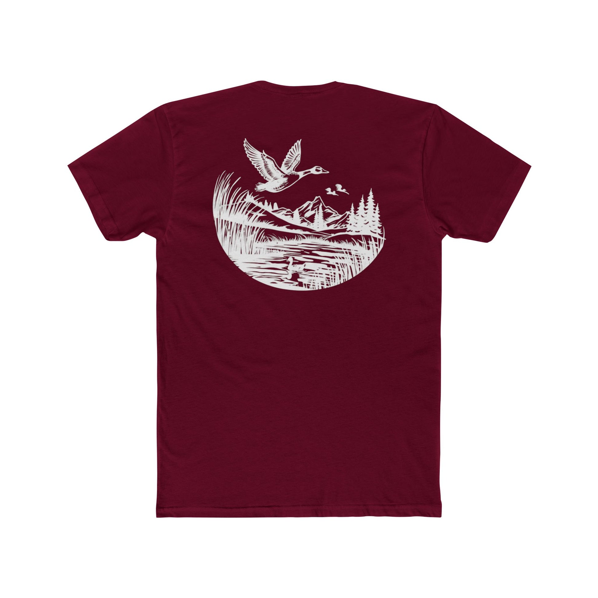 Cardinal Red t-shirt with graphic of a duck, mountains, pine trees, and a lake #cardinalred