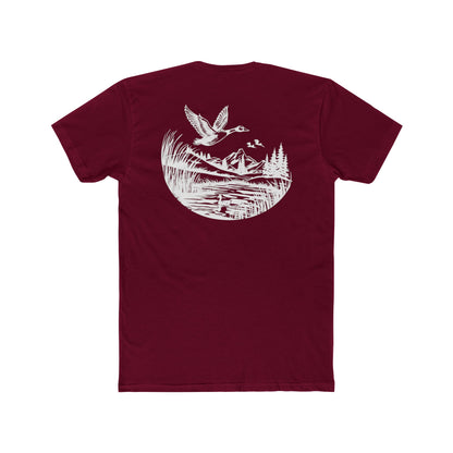 Cardinal Red t-shirt with graphic of a duck, mountains, pine trees, and a lake #cardinalred