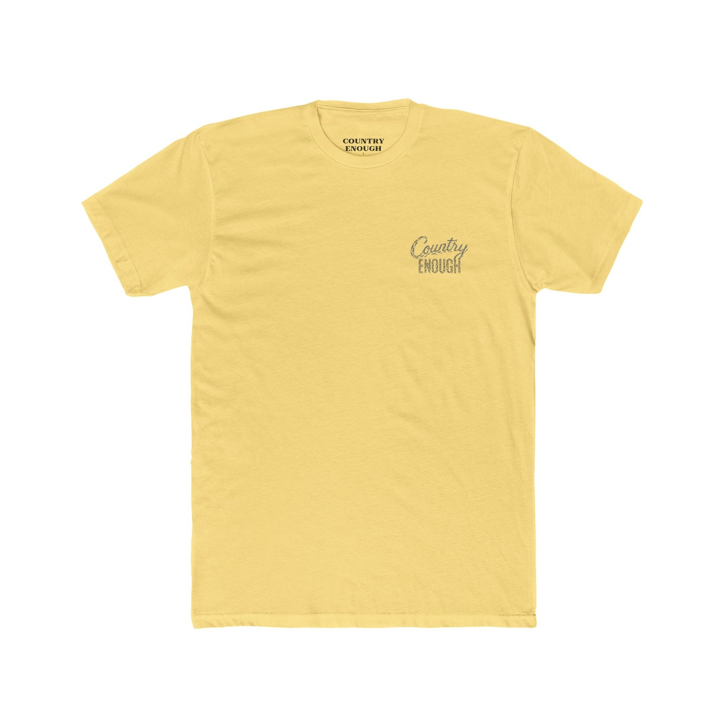 Yellow t-shirt with graphic of the words country enough shaped with fish #yellow
