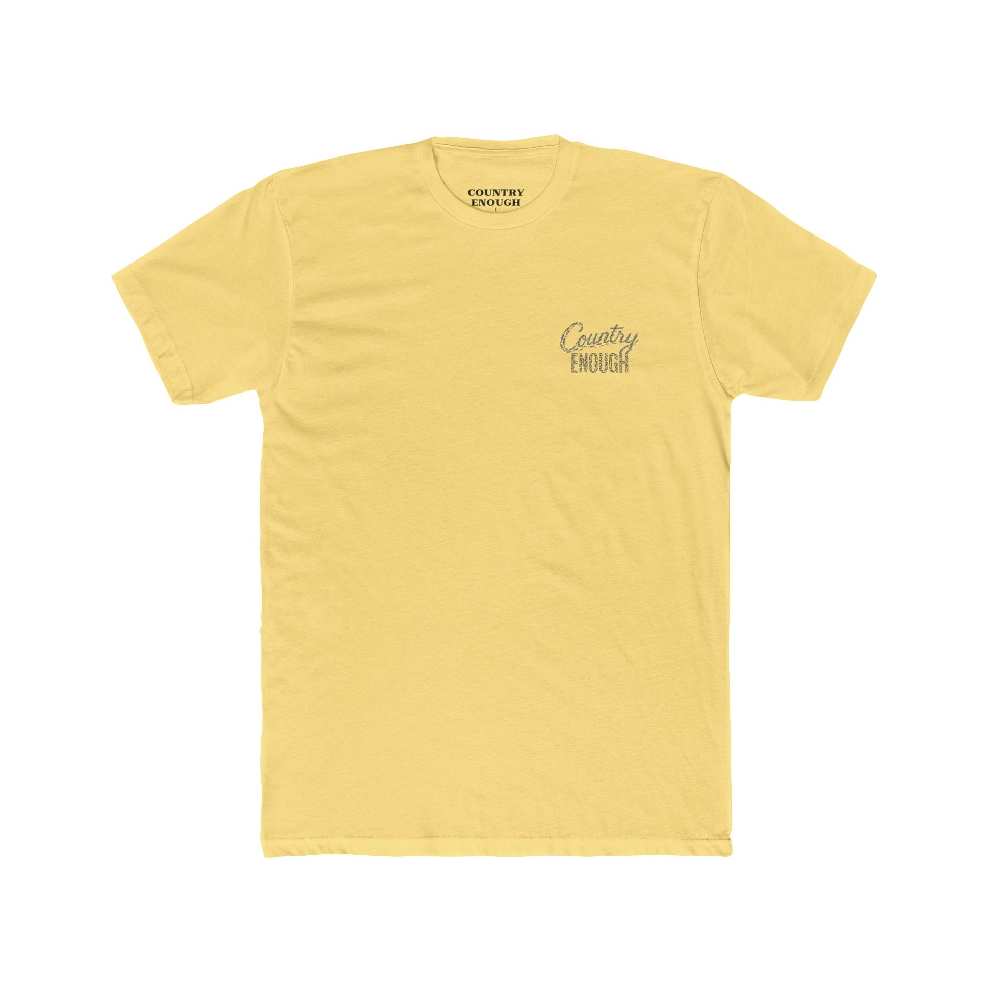 Yellow t-shirt with graphic of the words country enough shaped with fish #yellow