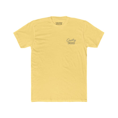 Yellow t-shirt with graphic of the words country enough shaped with fish #yellow