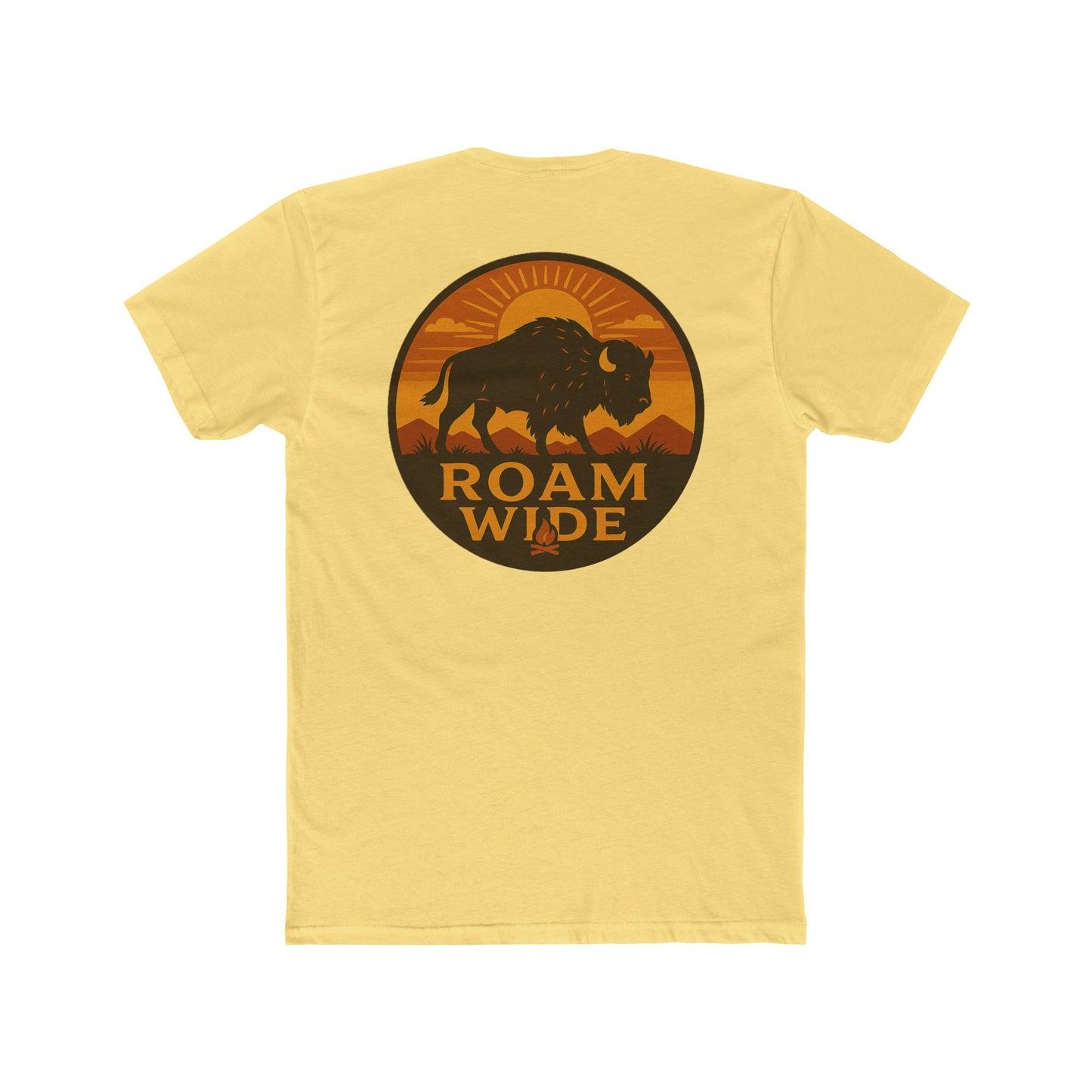 Yellow t-shirt with circular graphic with a bison, mountains, campfire, sun shining, and the words roam wide #yellow