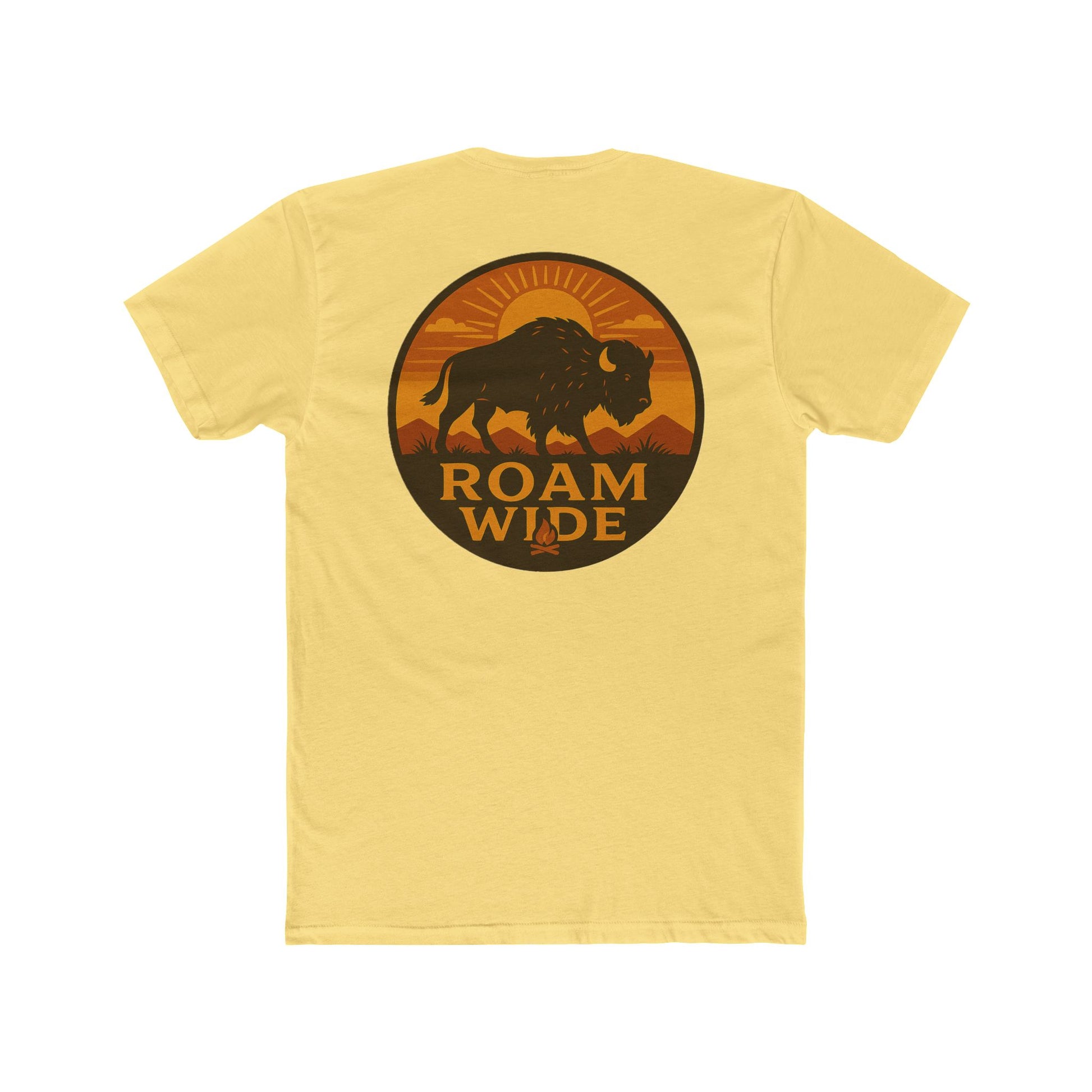 Yellow t-shirt with circular graphic with a bison, mountains, campfire, sun shining, and the words roam wide #yellow