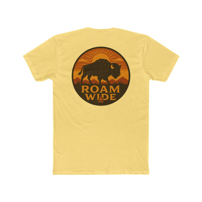 Yellow t-shirt with circular graphic with a bison, mountains, campfire, sun shining, and the words roam wide #yellow