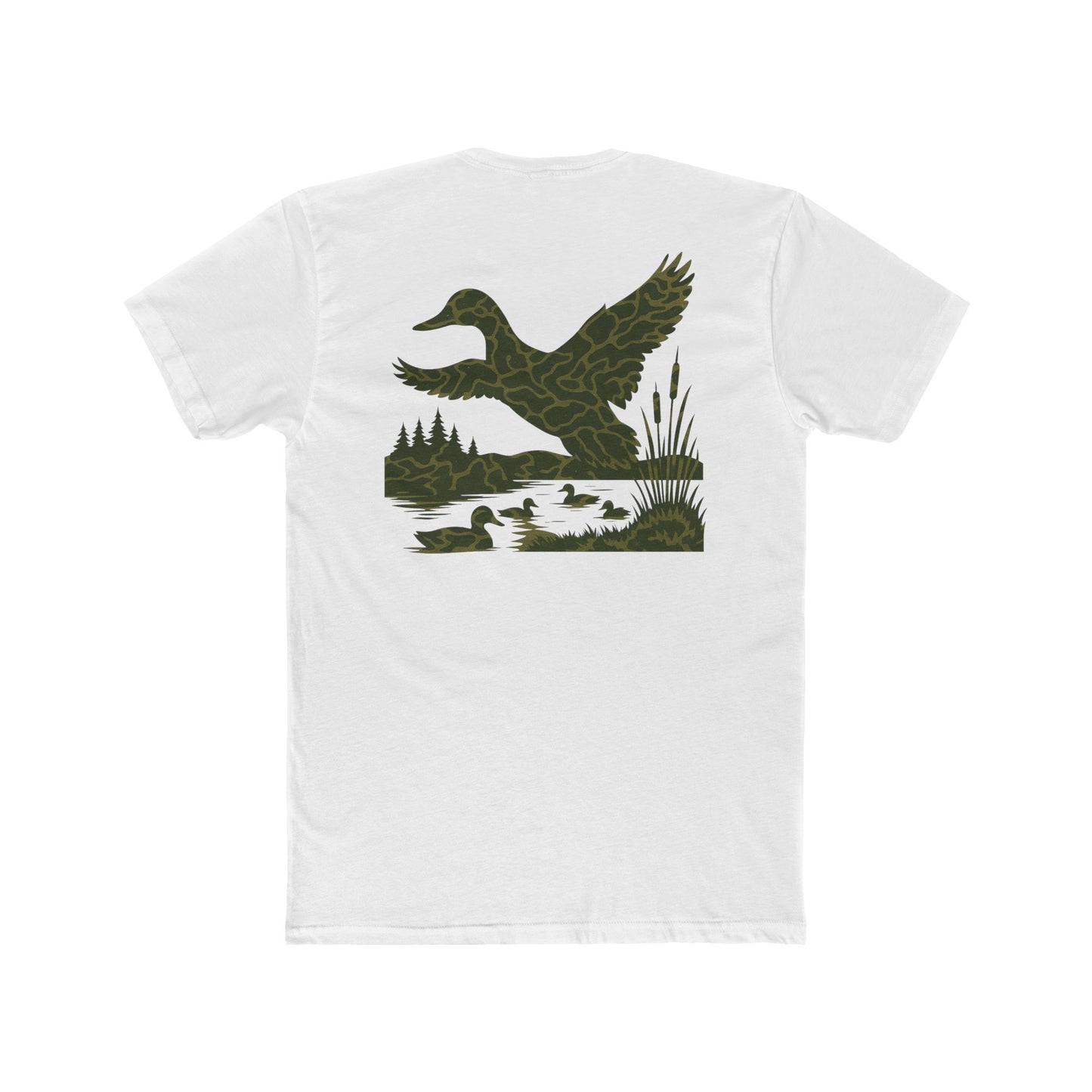 White t-shirt with flying & swimming ducks in a full camo marsh scene #white
