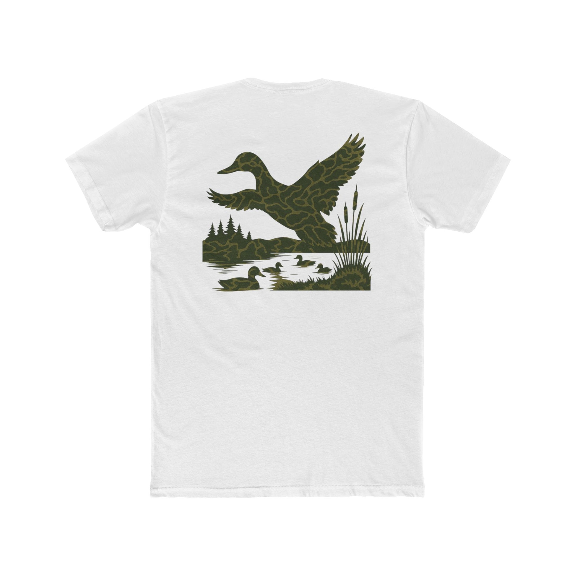White t-shirt with flying & swimming ducks in a full camo marsh scene #white