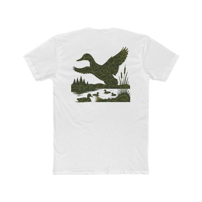 White t-shirt with flying & swimming ducks in a full camo marsh scene #white