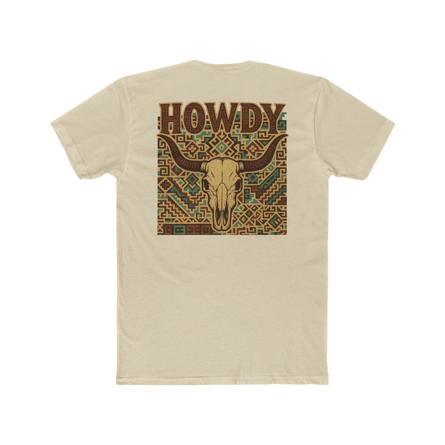 Cream t-shirt with graphic of aztec patter, bull skull, and the word howdy across the top #cream