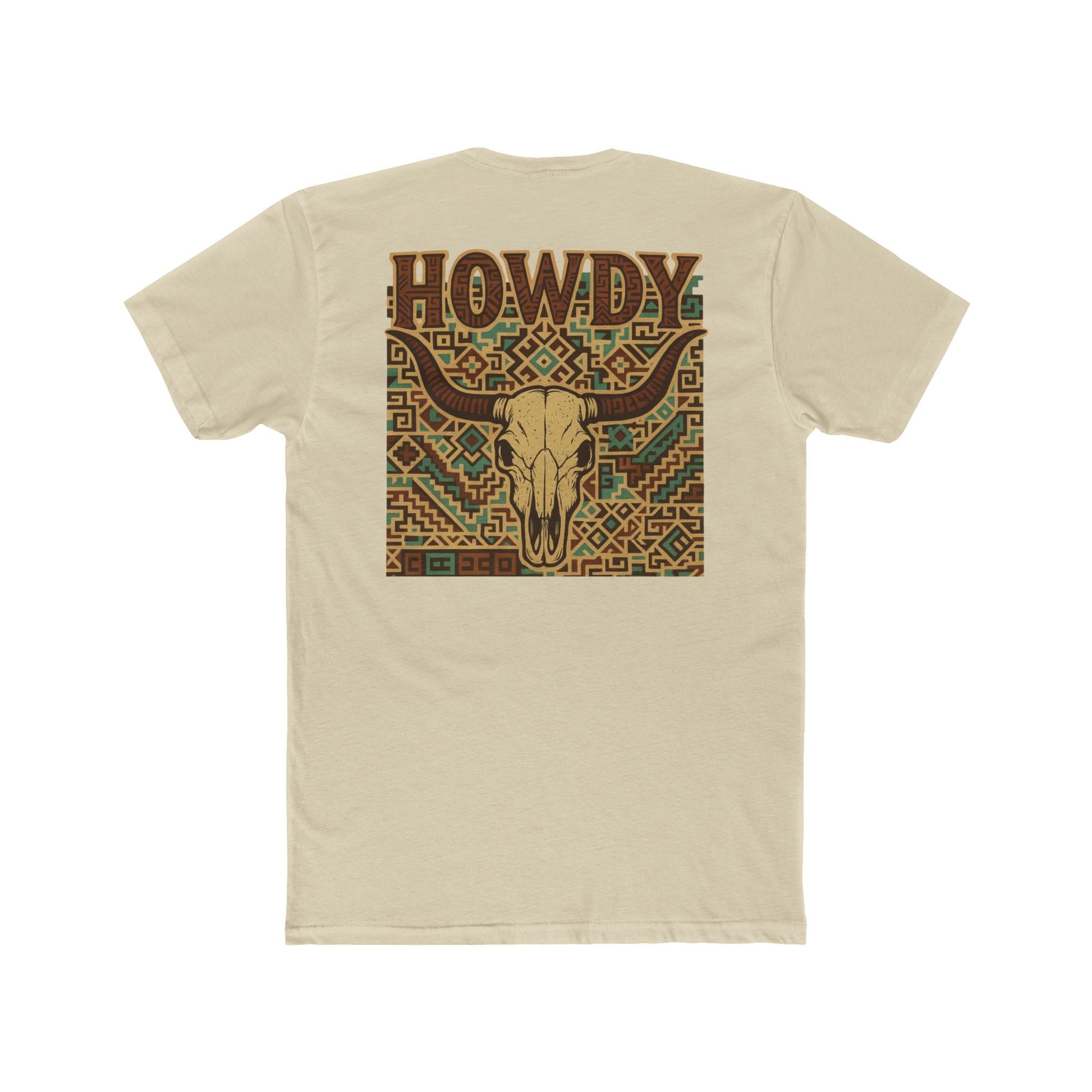 Cream t-shirt with graphic of aztec patter, bull skull, and the word howdy across the top #cream
