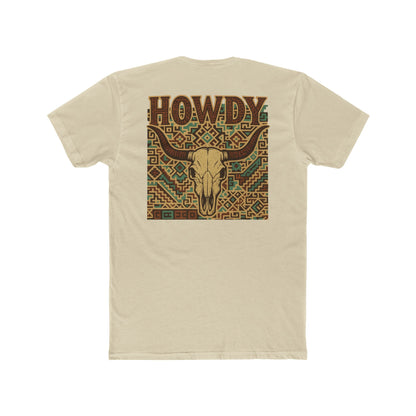 Cream t-shirt with graphic of aztec patter, bull skull, and the word howdy across the top #cream