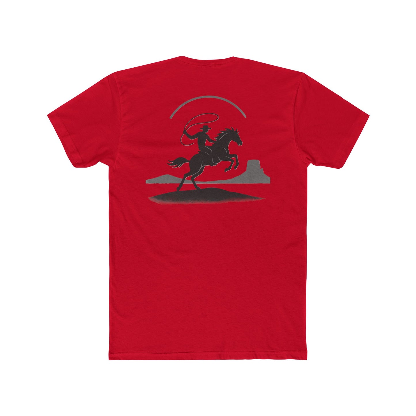 Red t-shirt with graphic of silhouetted cowboy lassoing and desert landscape #red