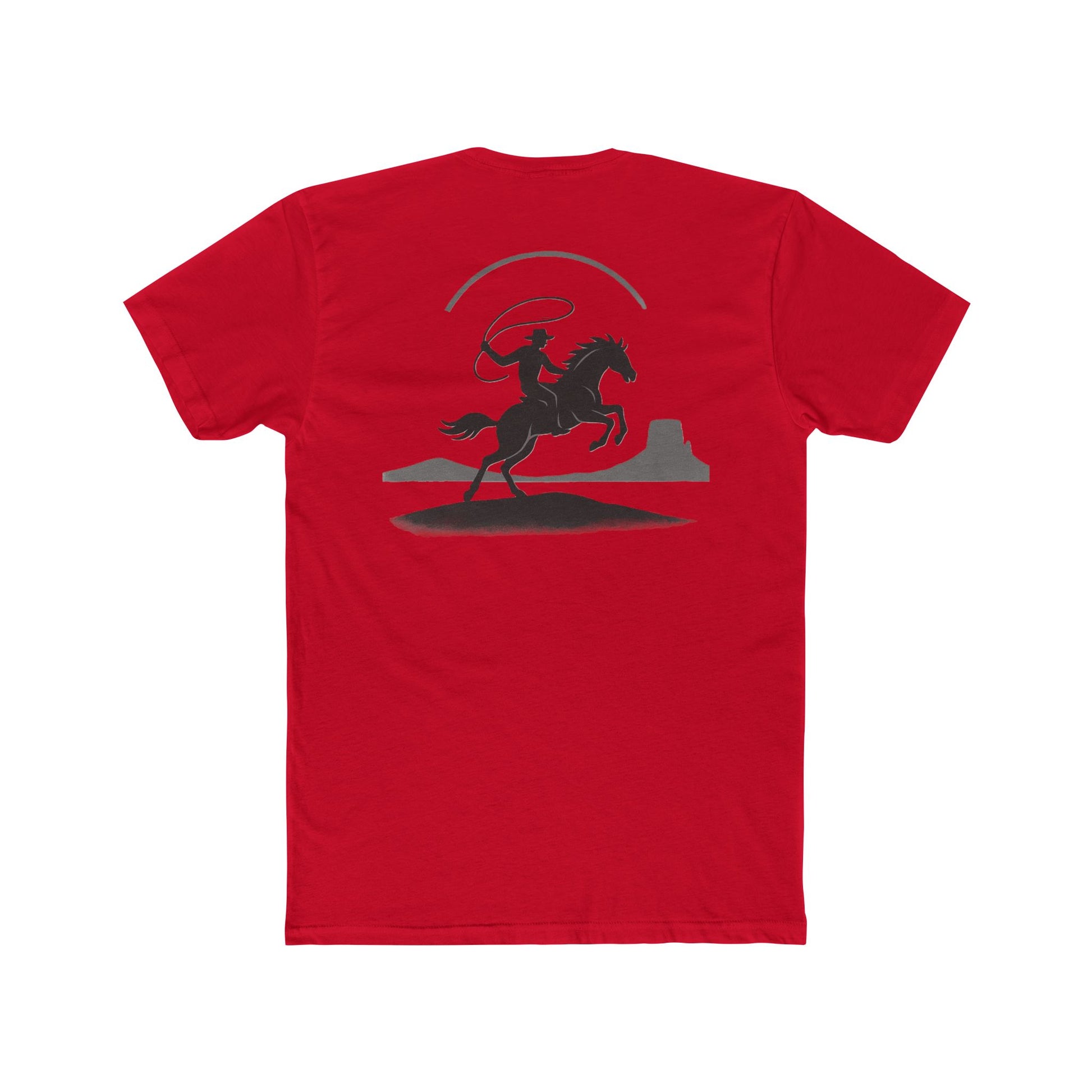 Red t-shirt with graphic of silhouetted cowboy lassoing and desert landscape #red