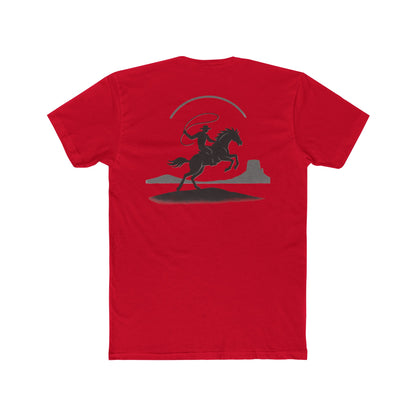 Red t-shirt with graphic of silhouetted cowboy lassoing and desert landscape #red