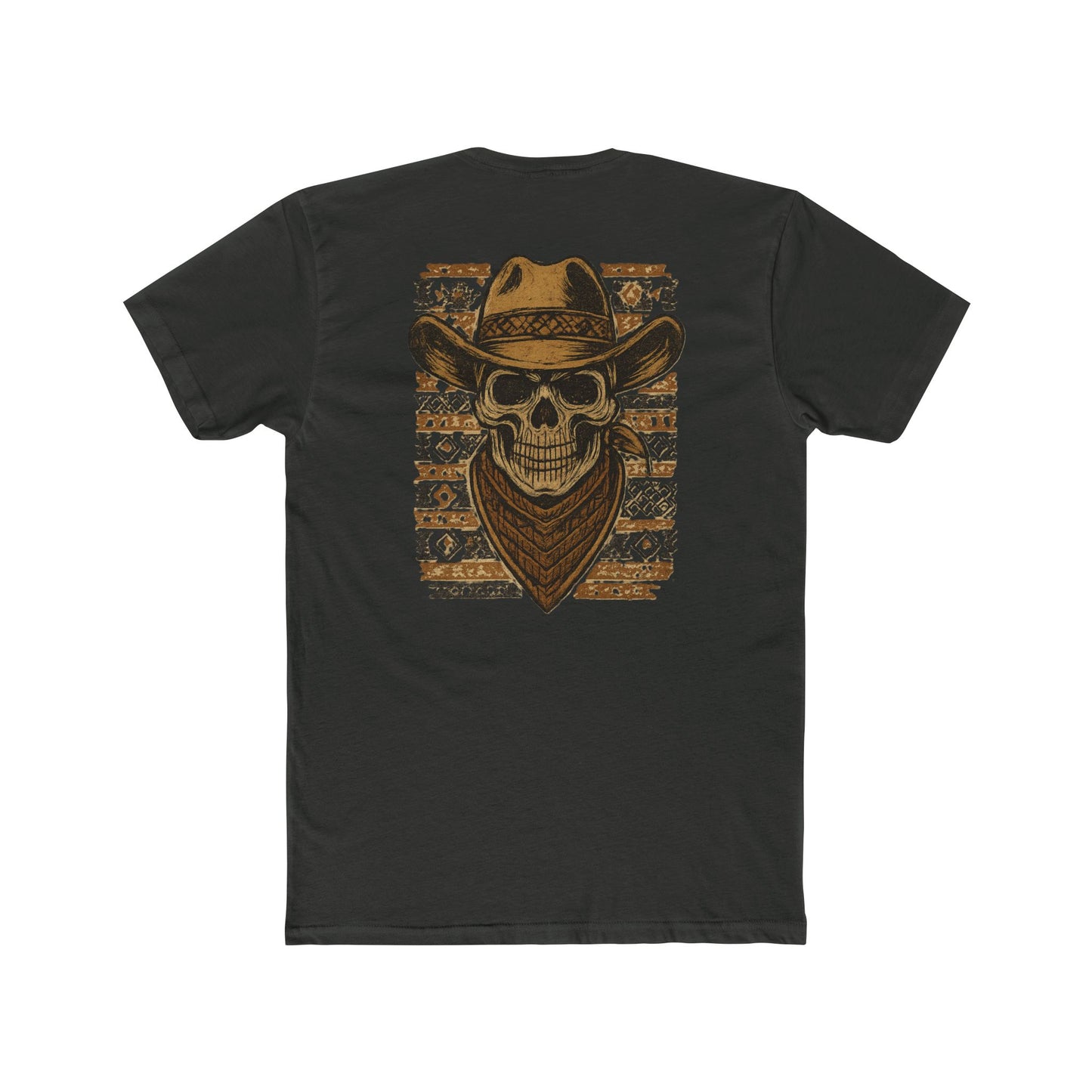 Vintage Black t-shirt with graphic of a skull with cowboy hat and bandana surround by aztec print #vintageblack