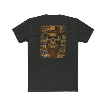 Vintage Black t-shirt with graphic of a skull with cowboy hat and bandana surround by aztec print #vintageblack