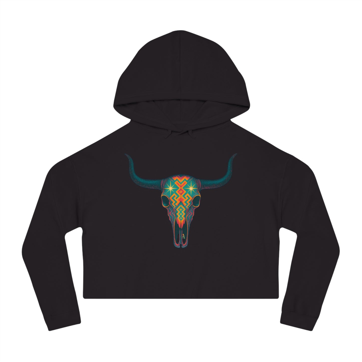 Black hoodie with a colorful bull skull design #black