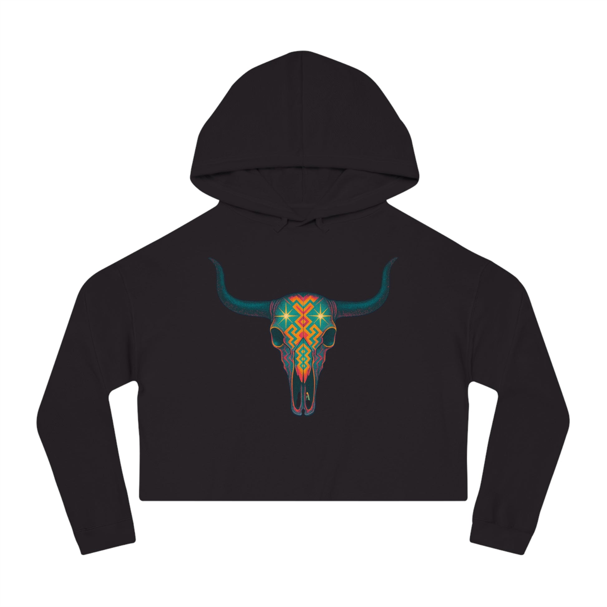 Black hoodie with a colorful bull skull design #black