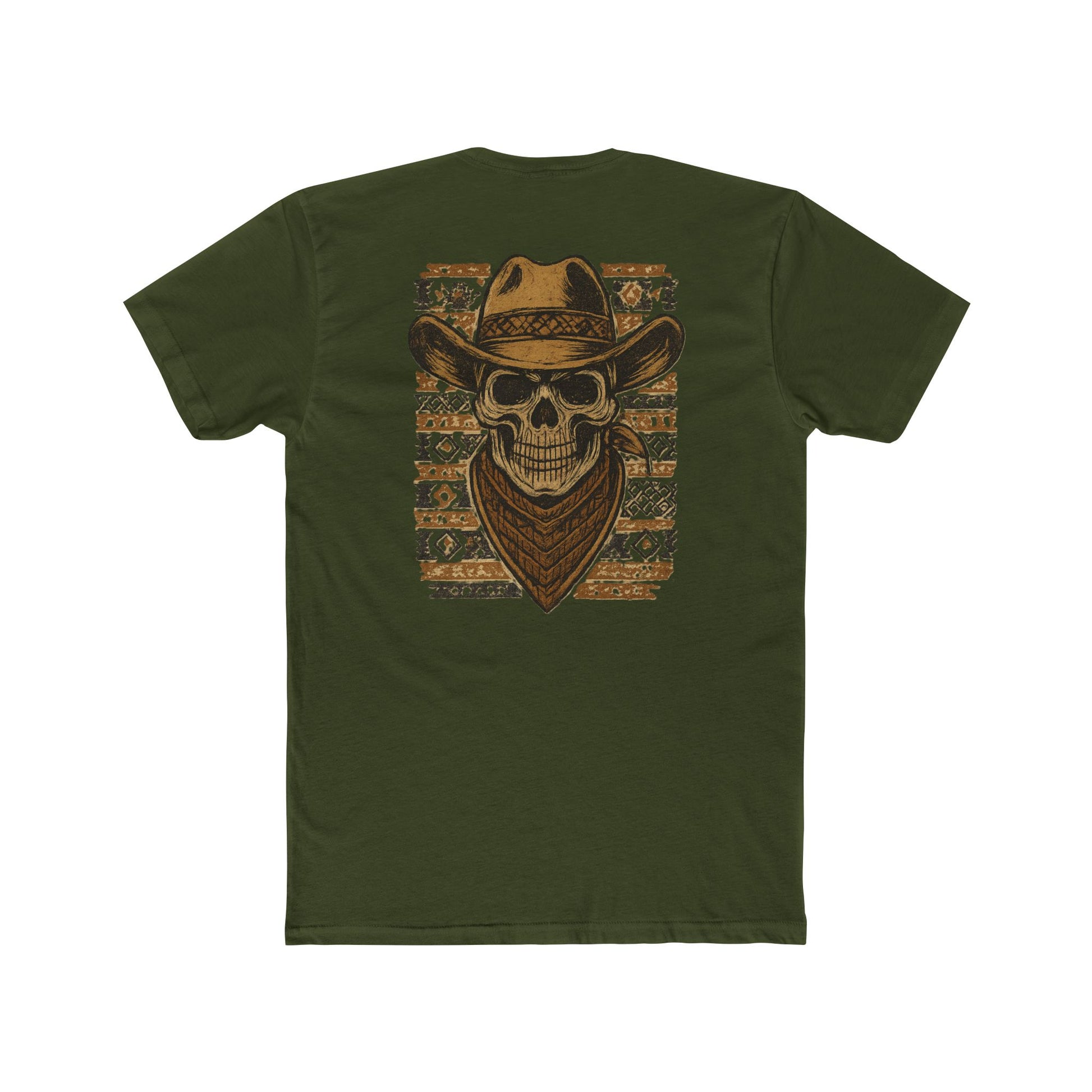 Military Green t-shirt with graphic of a skull with cowboy hat and bandana surround by aztec print #militarygreen