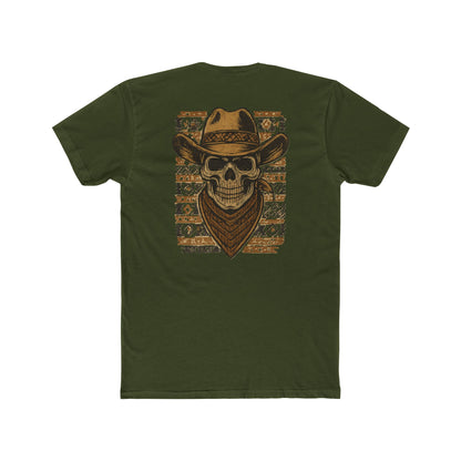 Military Green t-shirt with graphic of a skull with cowboy hat and bandana surround by aztec print #militarygreen
