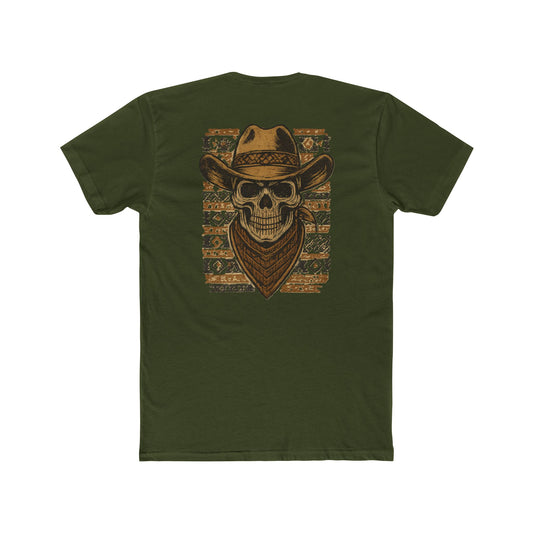 Military Green t-shirt with graphic of a skull with cowboy hat and bandana surround by aztec print #militarygreen