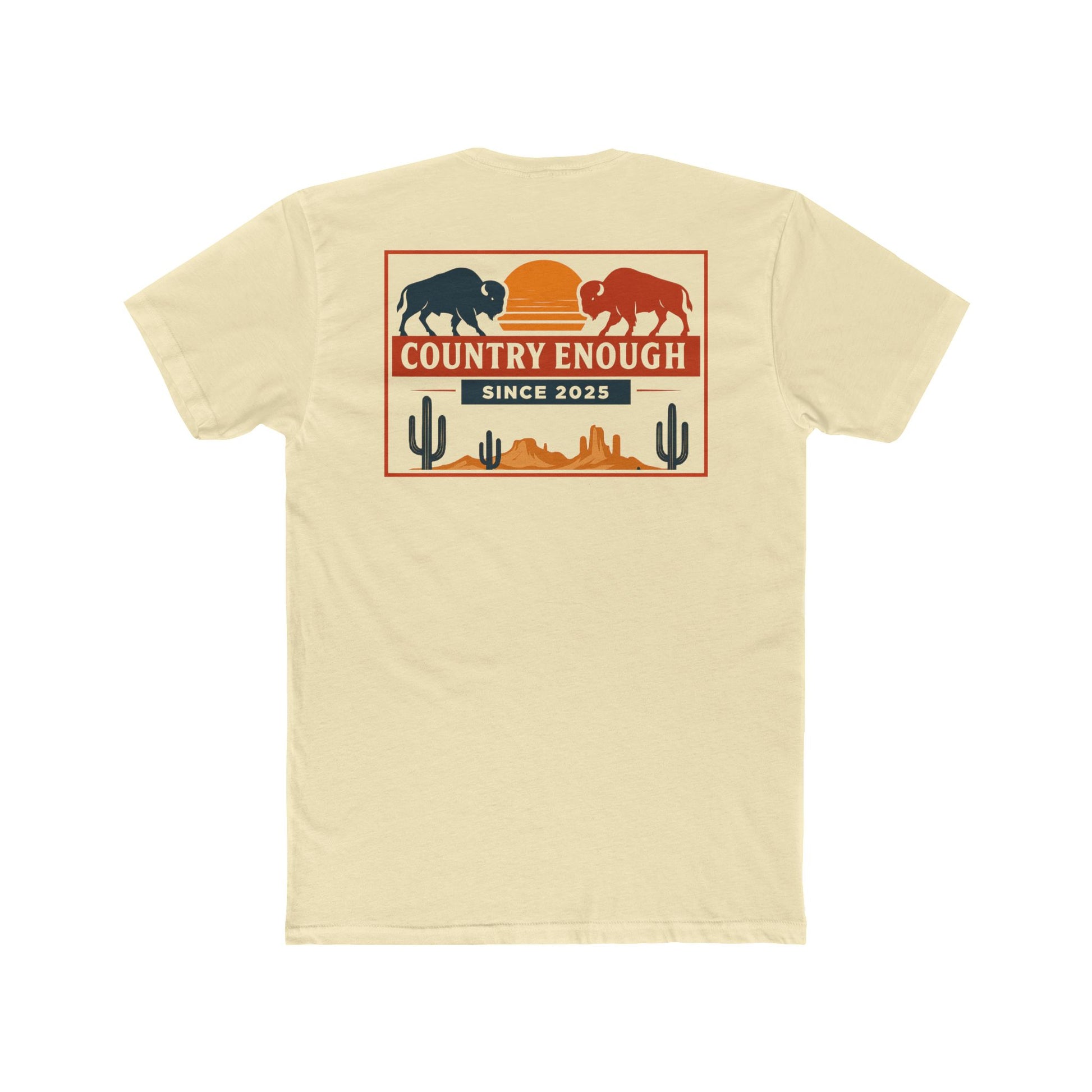 Natural t-shirt with graphic of mirrored bison in red and blue, sun, desert landscape, cacti, and the words country enough since 2025 #natural