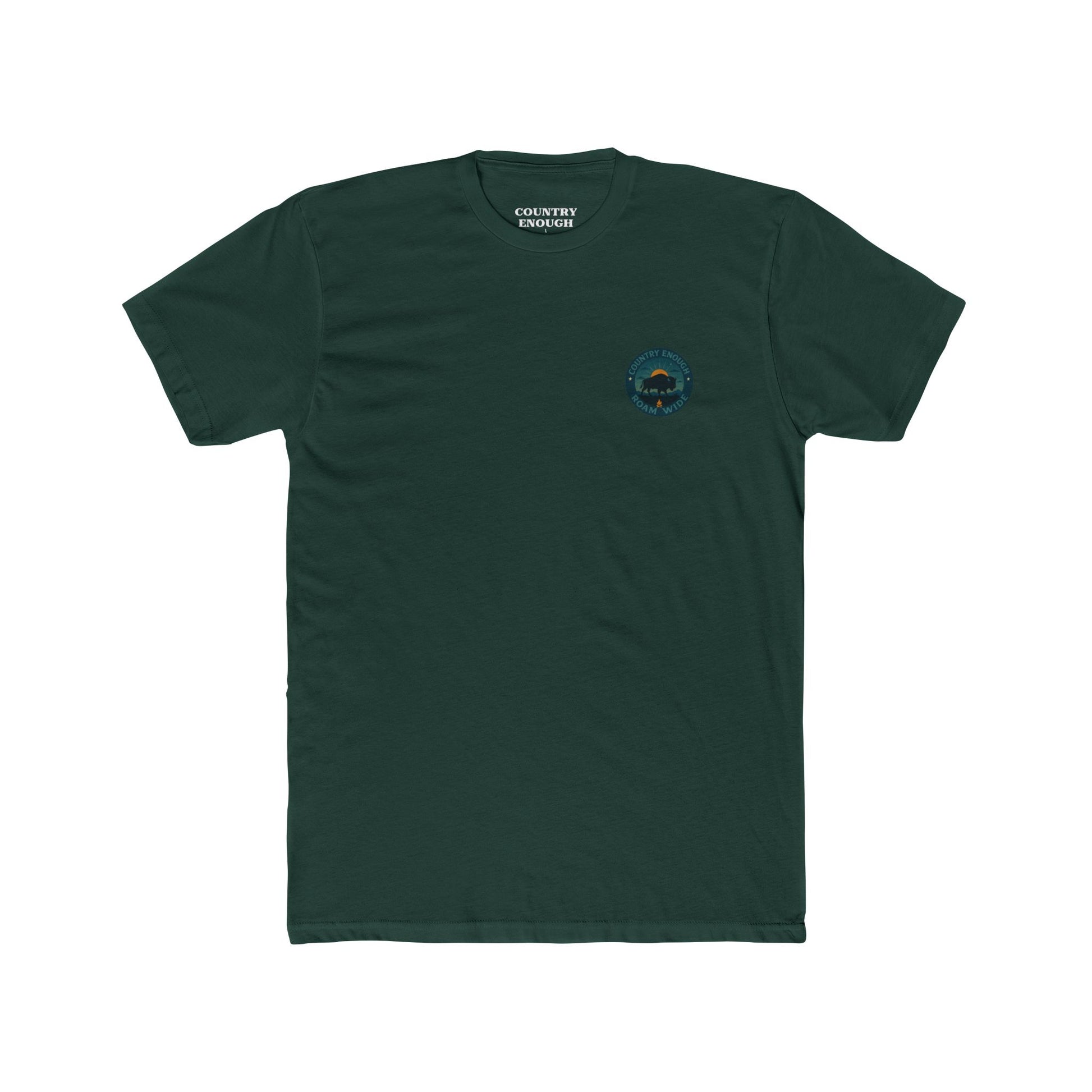 Forest Green T-Shirt with graphic of bison, sun, mountains, and the words roam wide #forestgreen