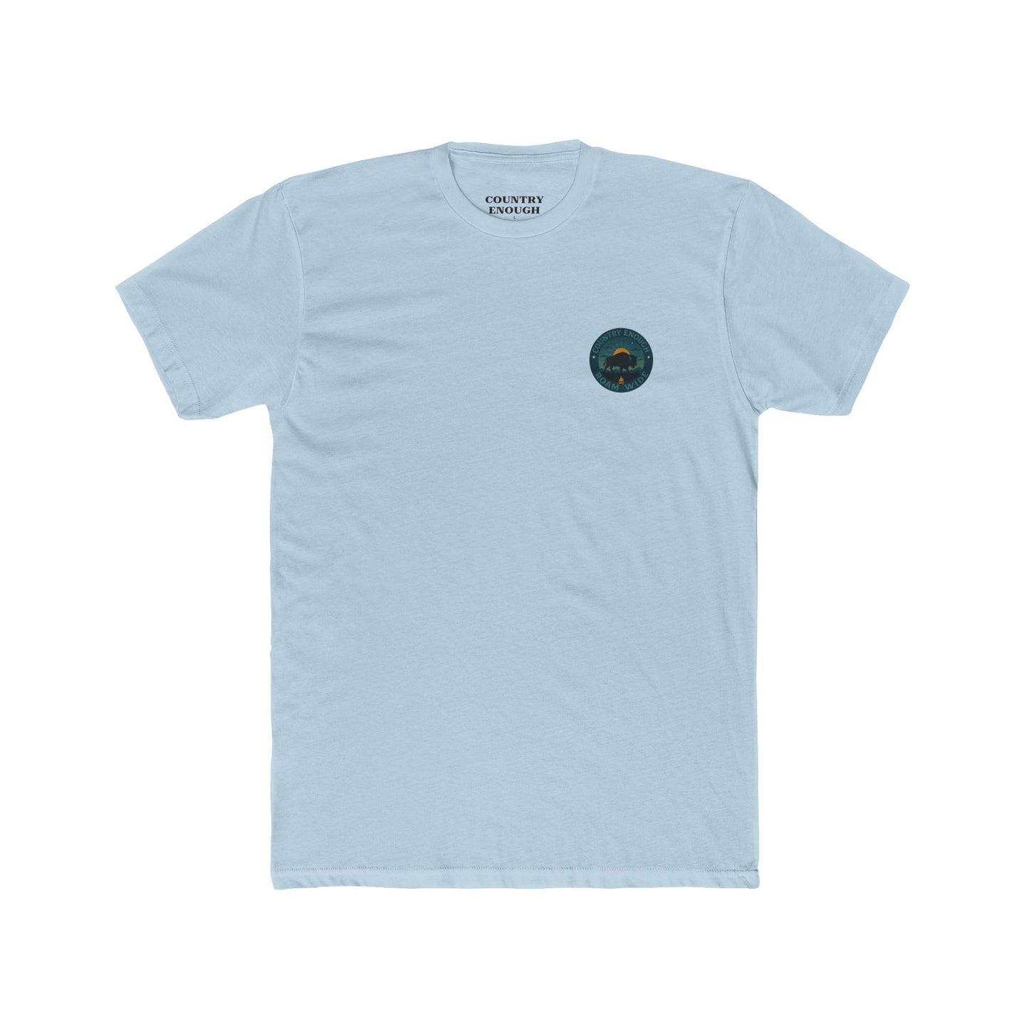 Light Blue T-Shirt with graphic of bison, sun, mountains, and the words roam wide #lightblue