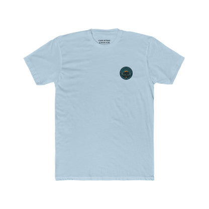 Light Blue T-Shirt with graphic of bison, sun, mountains, and the words roam wide #lightblue