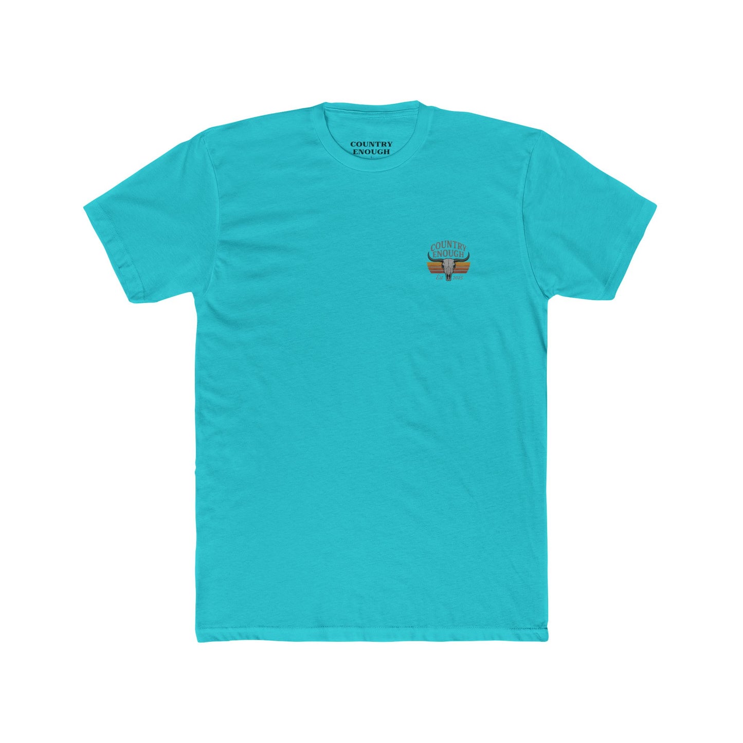 Tahiti Blue t-shirt with vintage retro graphic of a bull skull and words country enough EST 2025 #tahitiblue