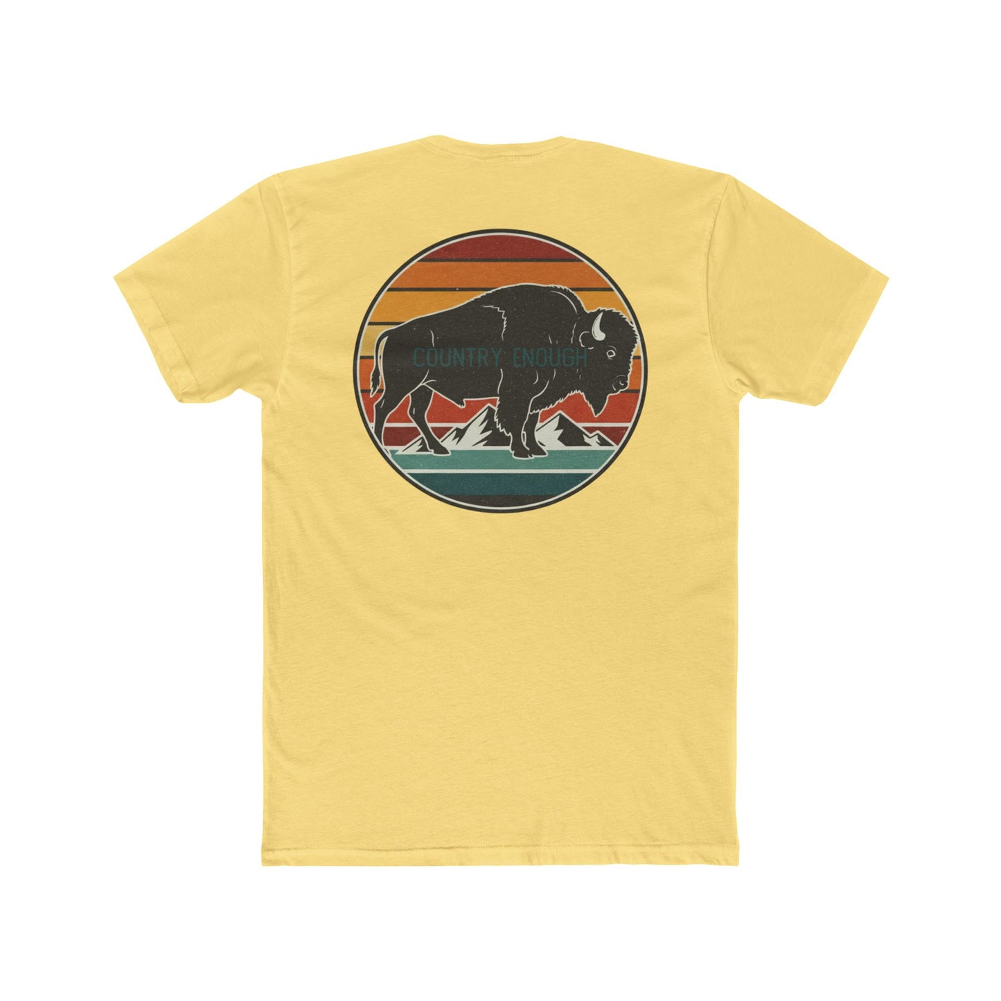 Yellow t-shirt with a bison, sunset and mountain landscape graphic #yellow