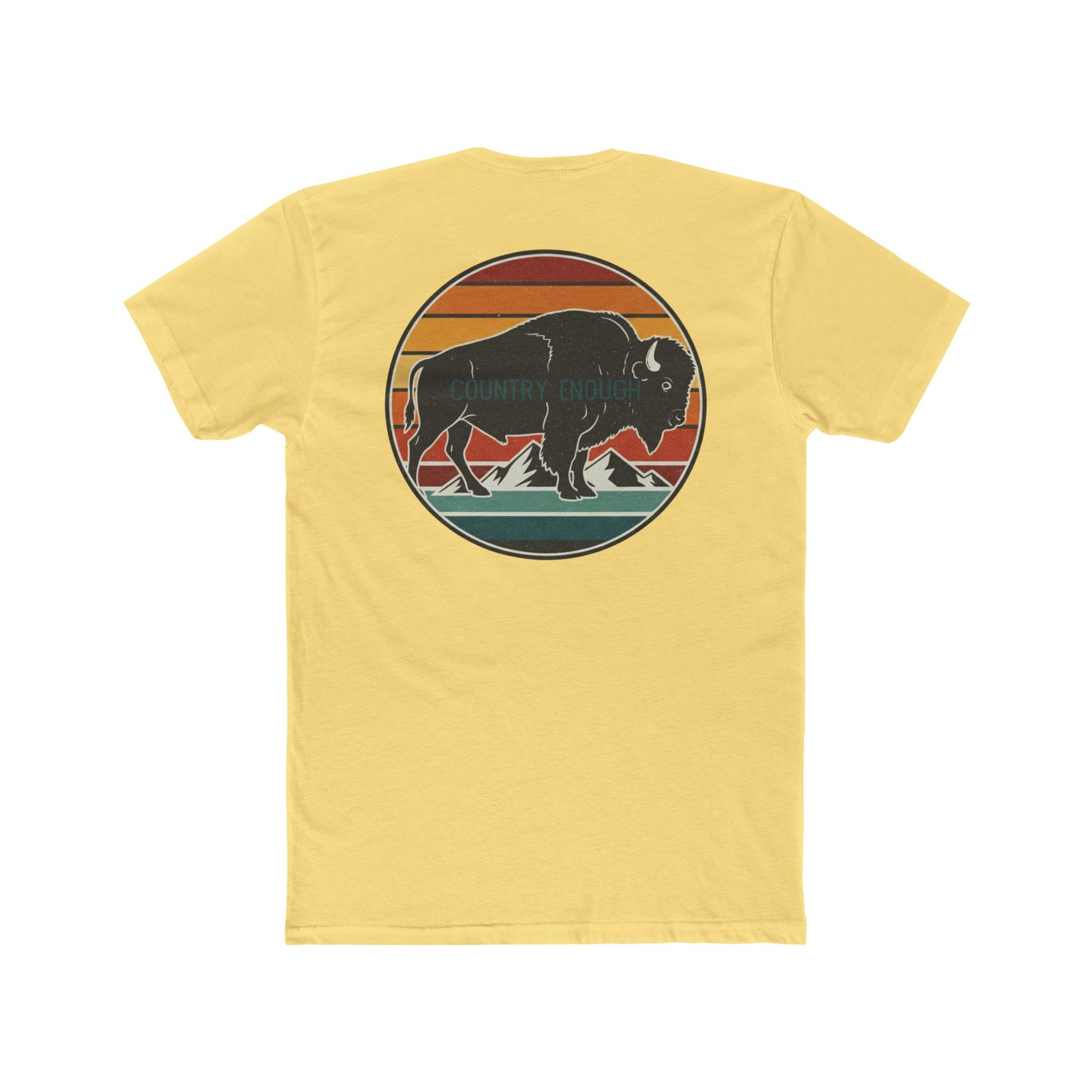 Yellow t-shirt with a bison, sunset and mountain landscape graphic #yellow
