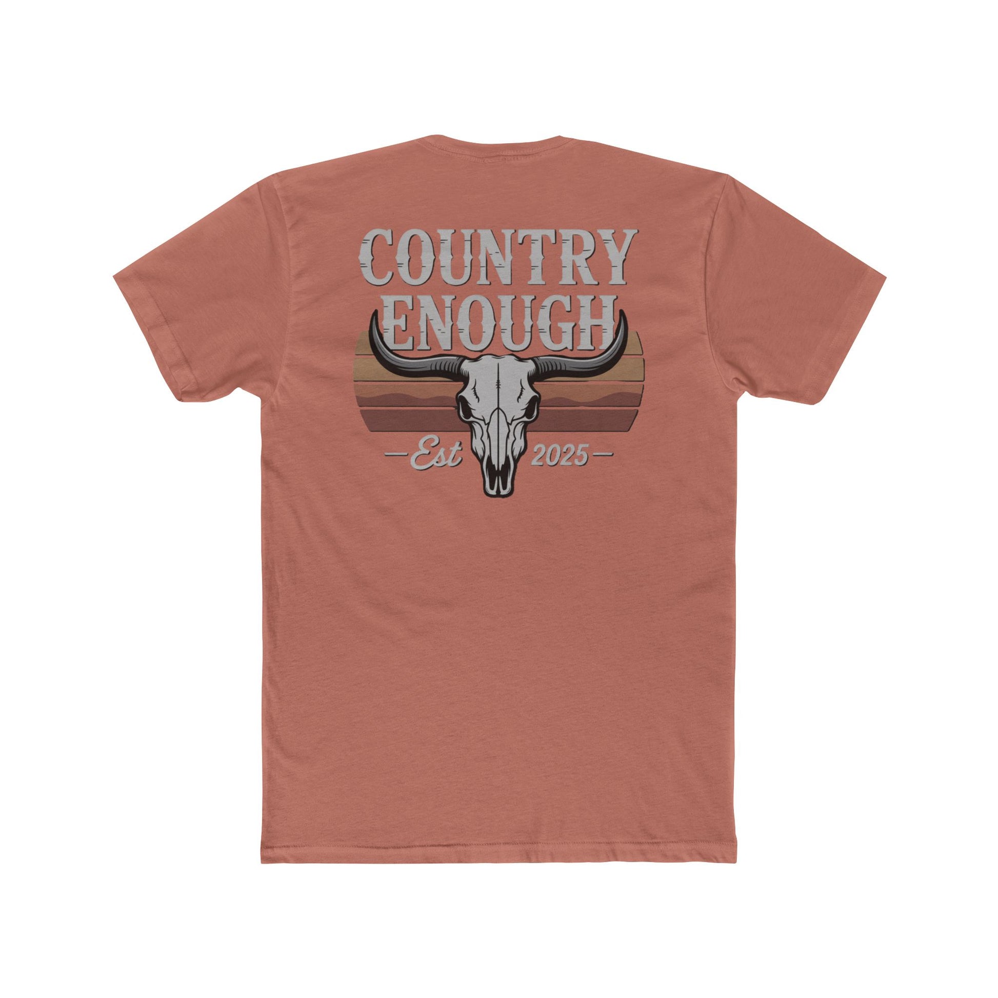 Desert Pink t-shirt with vintage retro graphic of a bull skull and words country enough EST 2025 #desertpink