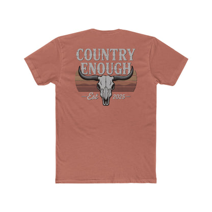 Desert Pink t-shirt with vintage retro graphic of a bull skull and words country enough EST 2025 #desertpink