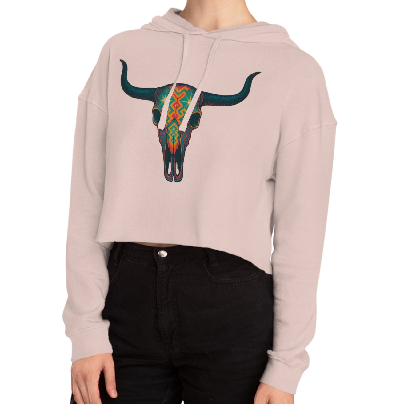 Pale Pink hoodie with a colorful bull skull design #palepink