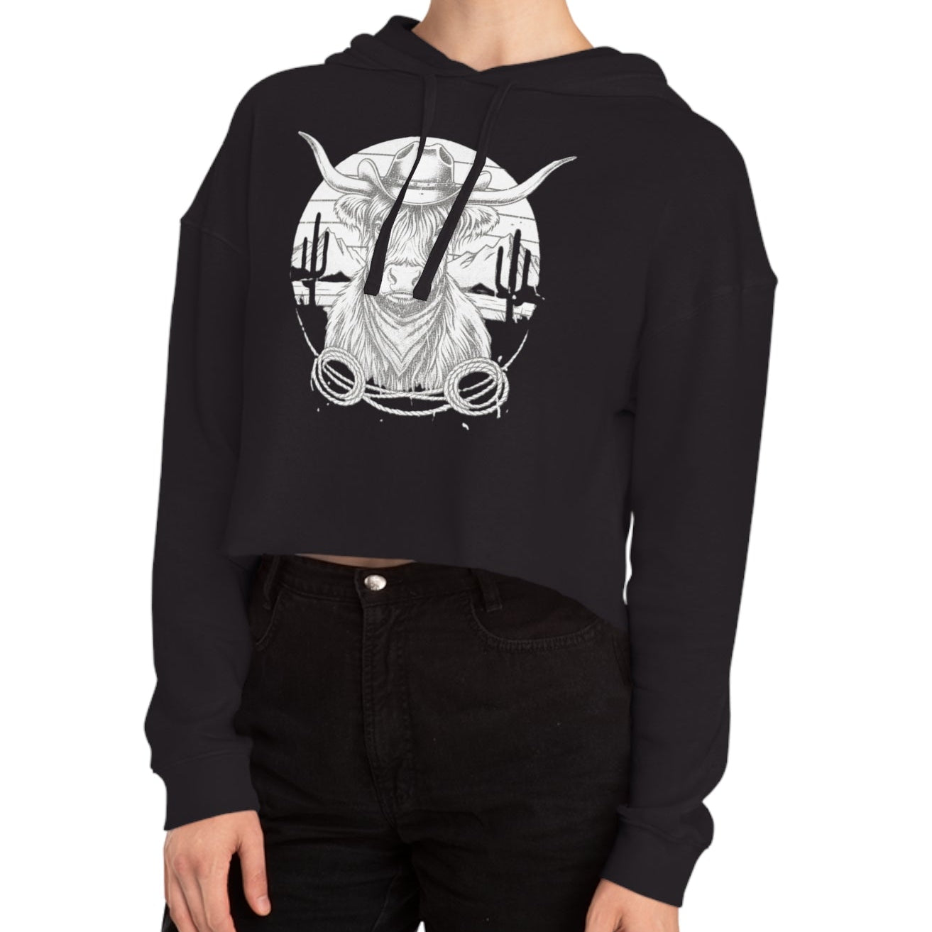 Black hoodie with white highland cow and desert landscape graphic design on a white background #Black