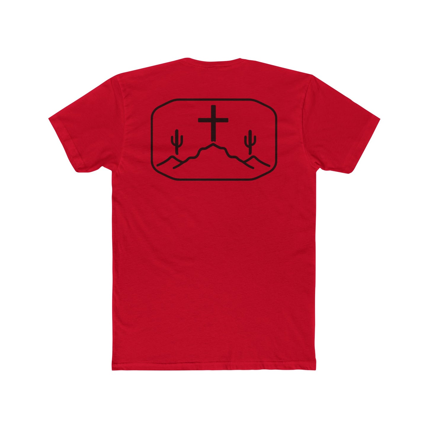 Red t-shirt with cross, cacti, and mountains graphic #red