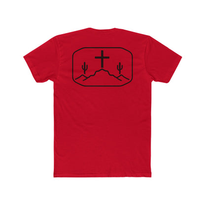 Red t-shirt with cross, cacti, and mountains graphic #red