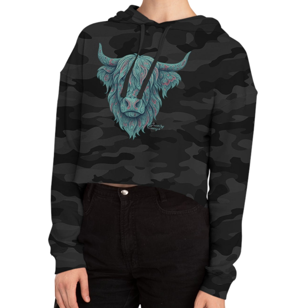 Black camo crop hoodie with a vibrant Paisley Highland Cow graphic #blackcamo