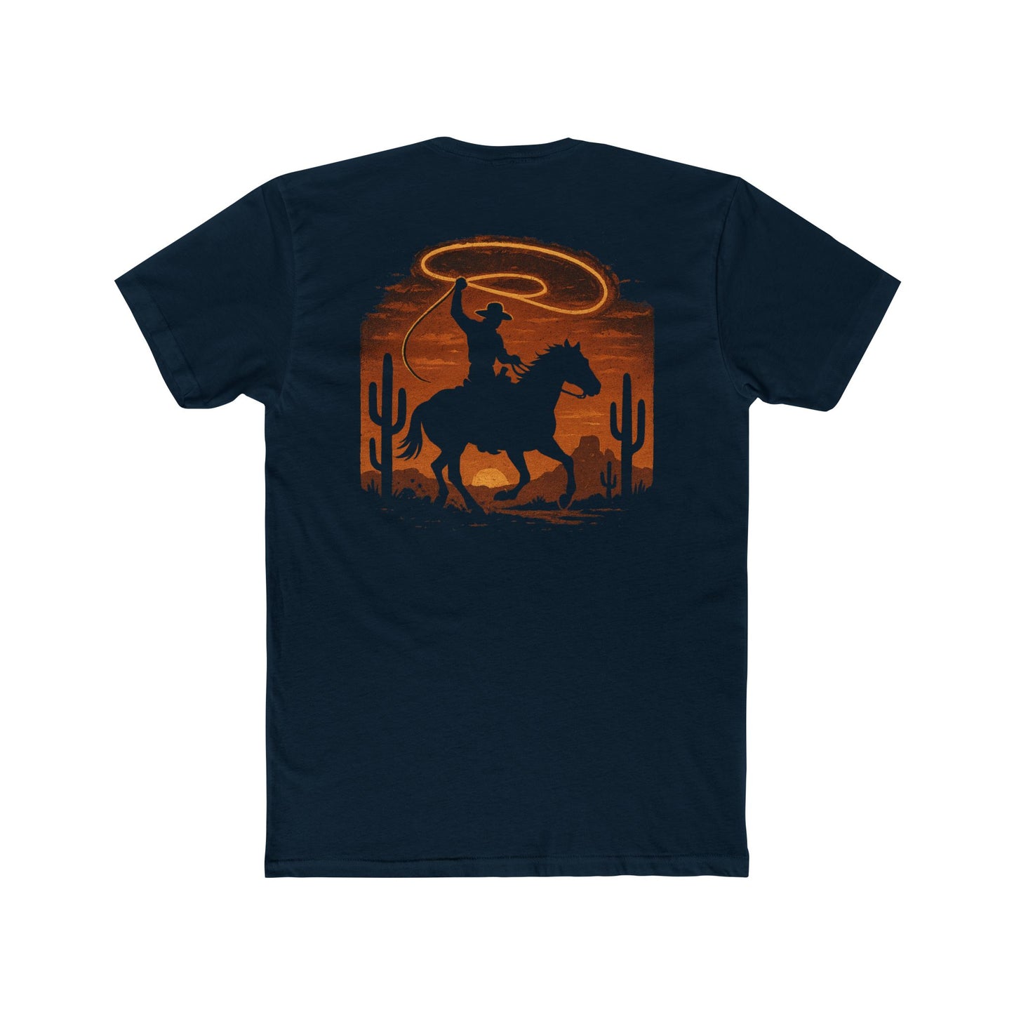Midnight Navy t-shirt with graphic of a cowboy twirling his lasso on a desert landscape at sundown #midnightnavy