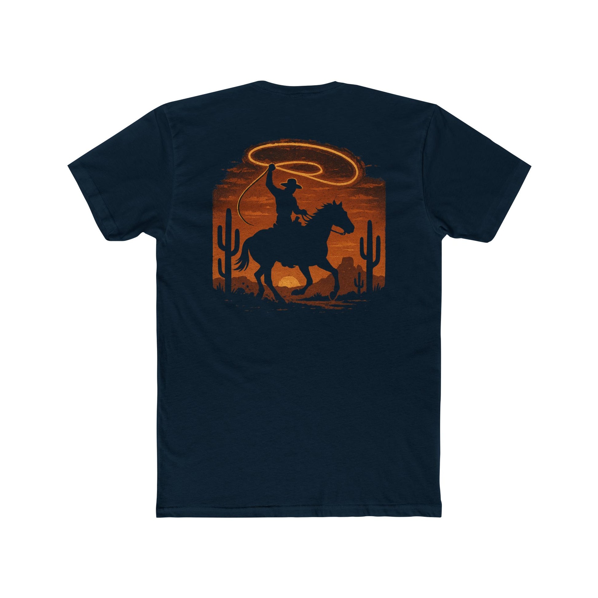 Midnight Navy t-shirt with graphic of a cowboy twirling his lasso on a desert landscape at sundown #midnightnavy