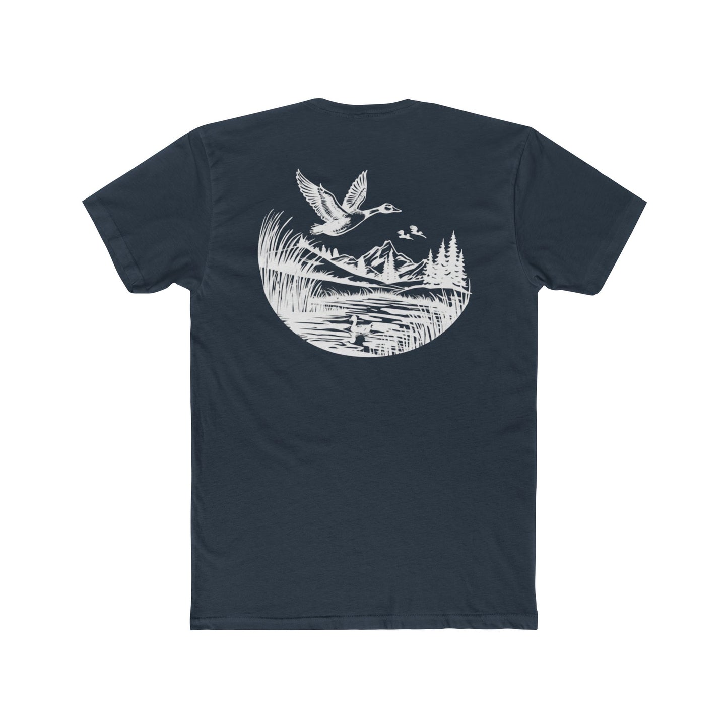 Indigo t-shirt with graphic of a duck, mountains, pine trees, and a lake #indigo