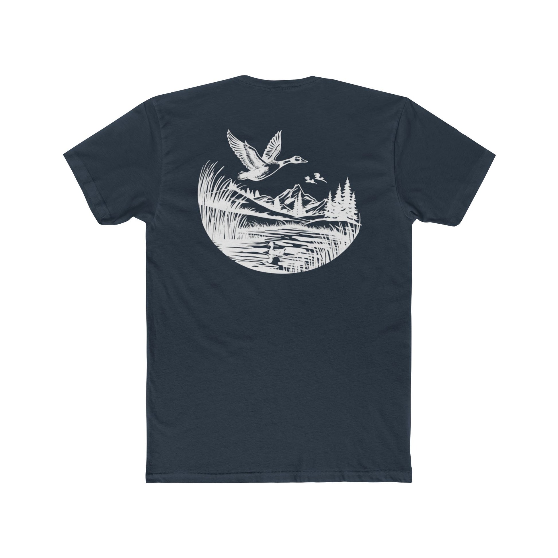 Indigo t-shirt with graphic of a duck, mountains, pine trees, and a lake #indigo