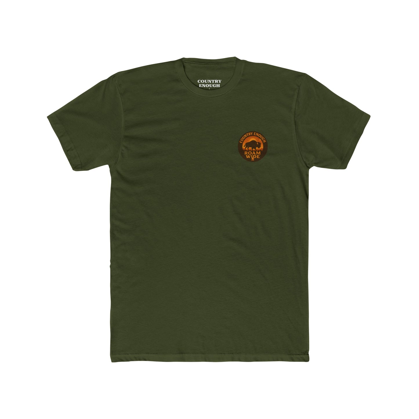 Military Green t-shirt with circular graphic with a bison, mountains, campfire, sun shining, and the words roam wide #militarygreen