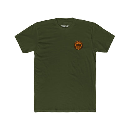 Military Green t-shirt with circular graphic with a bison, mountains, campfire, sun shining, and the words roam wide #militarygreen