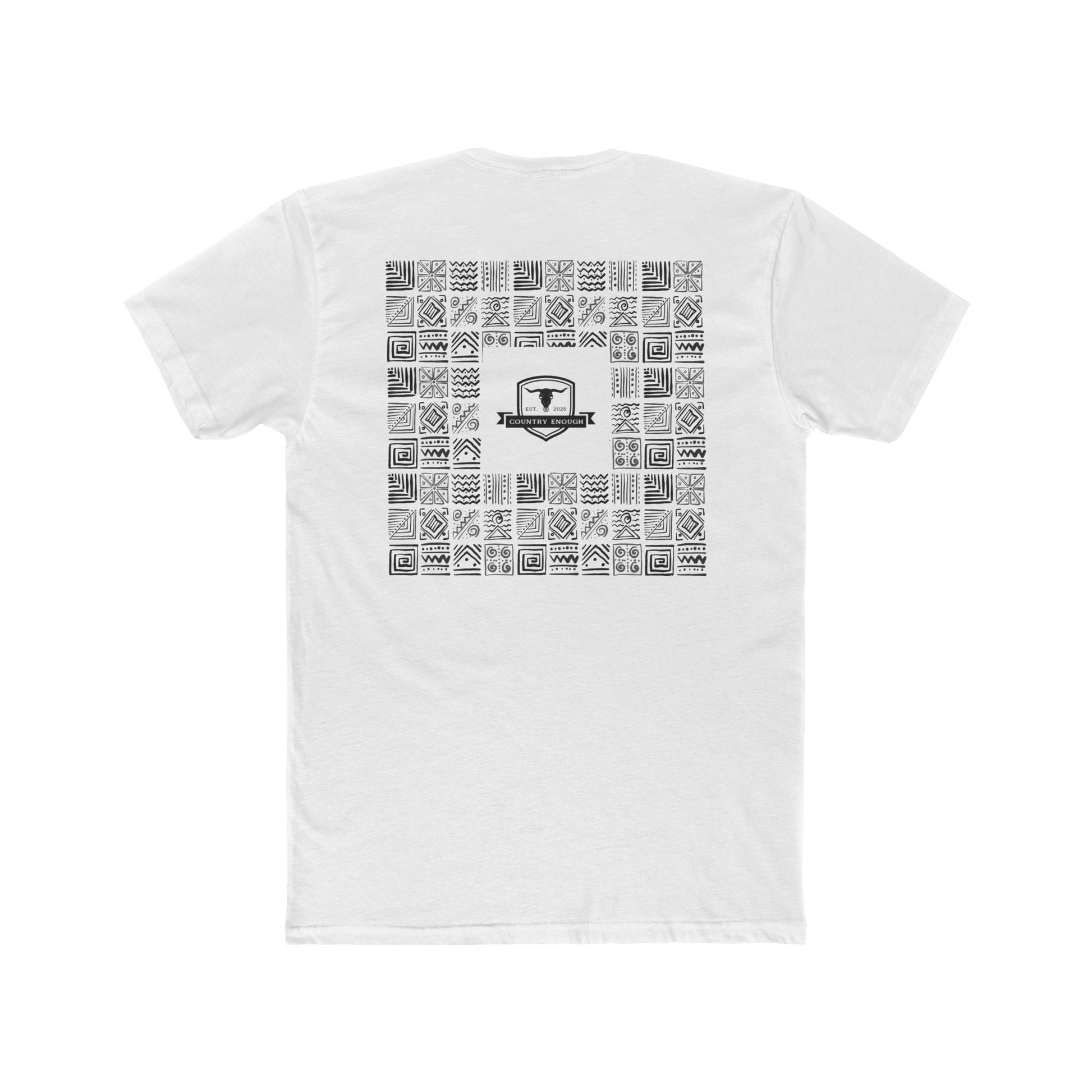 White t-shirt with graphic of aztec patterns arranged in a square with country enough logo in the center #white